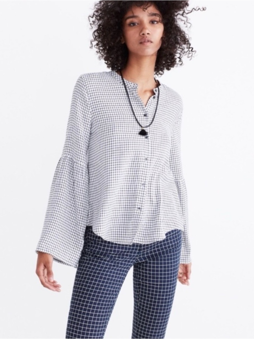 Madewell plaid button up long bell sleeve top